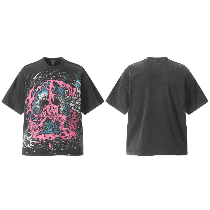 Vintage-style American T-shirt Faded Black Acid Wash Chaos Skull Art
