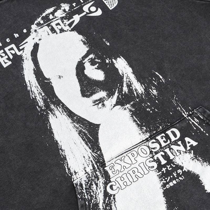 ERD Hoodie Acid Washed Dark Outerwear Front Monochrome Distorted Portrait Typography Print