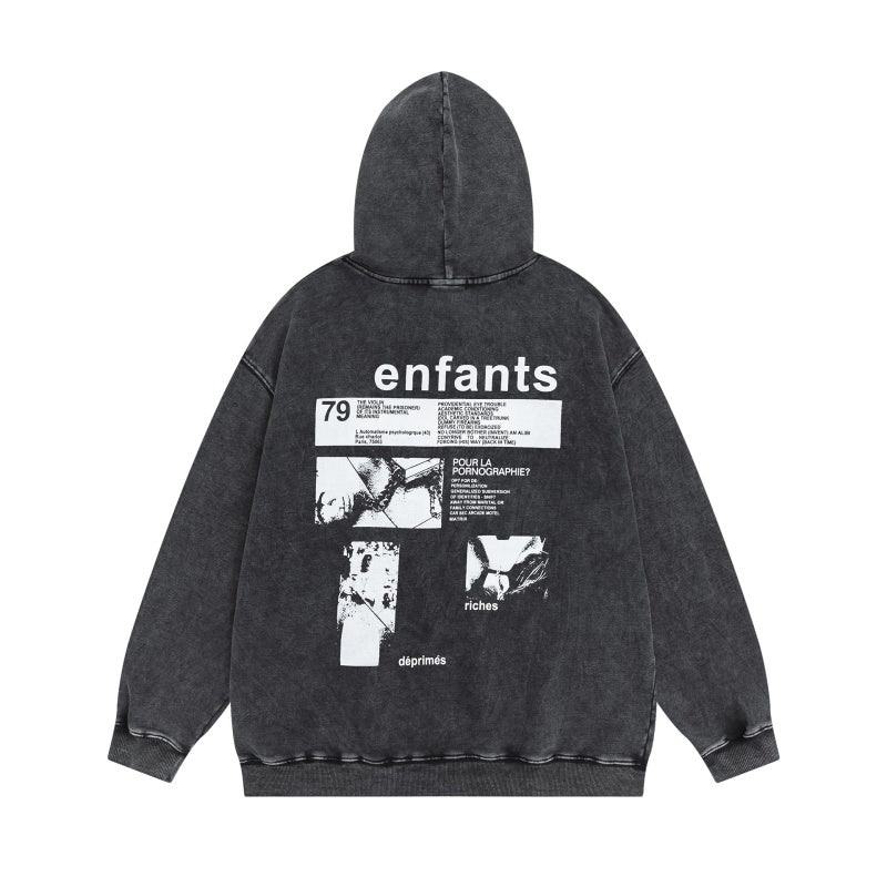 ERD Hoodie Washed Black Dual-Sided Text & Photo Patch Hooded Outerwear