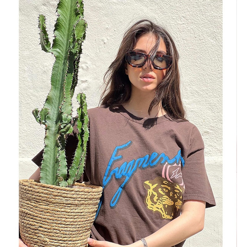 Mens T-shirt Vintage American-style Kanye & Travis Scott Tiger Head Puff Print