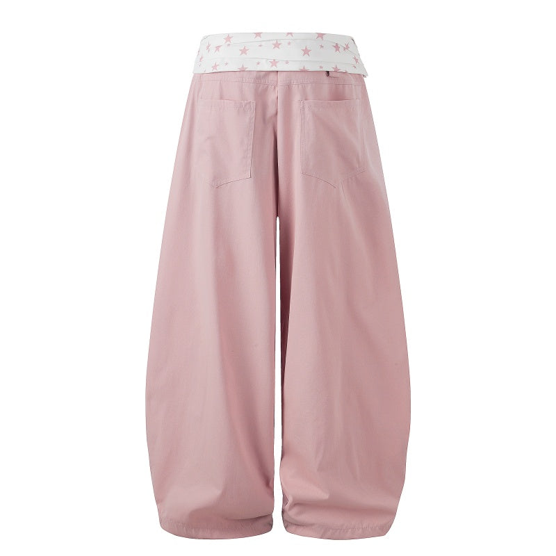 American-style streetwear harem pants Sweet Solid Tone Star Flip Waist Casual Pants