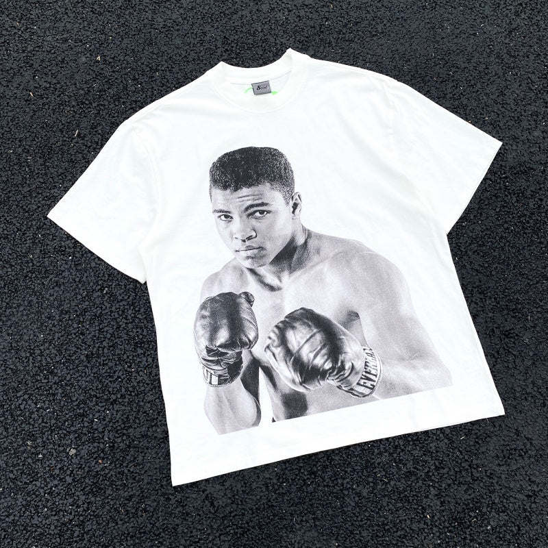 Unisex Vintage T Shirts "Legendary Boxing Champion Ali" Limited Edition: A high-street short-sleeve tee featuring West Coast street graffiti and hip-hop aesthetics. Crafted with a heavyweight fabric and a distressed wash finish, it showcases direct-t
