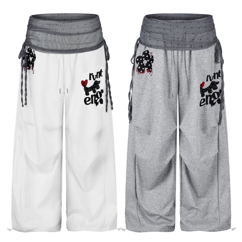 American-style streetwear harem pants Cute Dog Print Braided Tie Wide Sweat Bottoms
