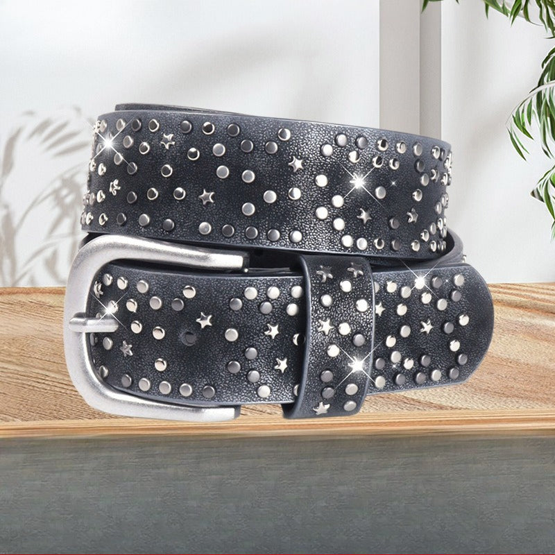 Hip-hop punk rhinestone belt retro perforated rivet ring belt