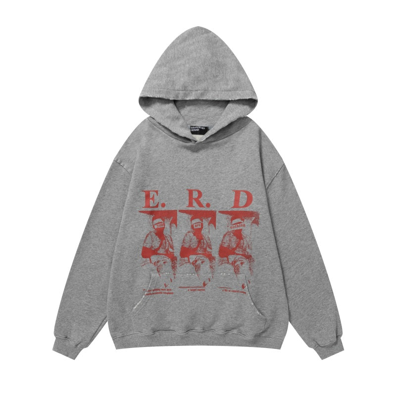 ERD Hoodie Grey Faded Red Dual-Side Figure Print Oversized Pullover
