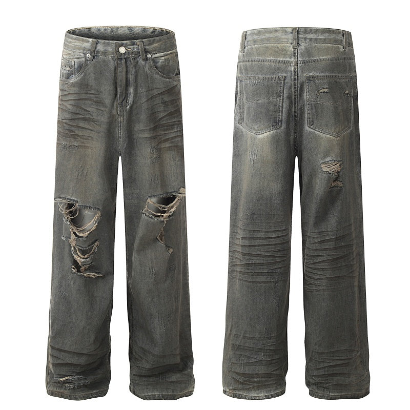 American-style streetwear harem pants Multi‑Torn Knee Grunge Streetwear Denim Trousers