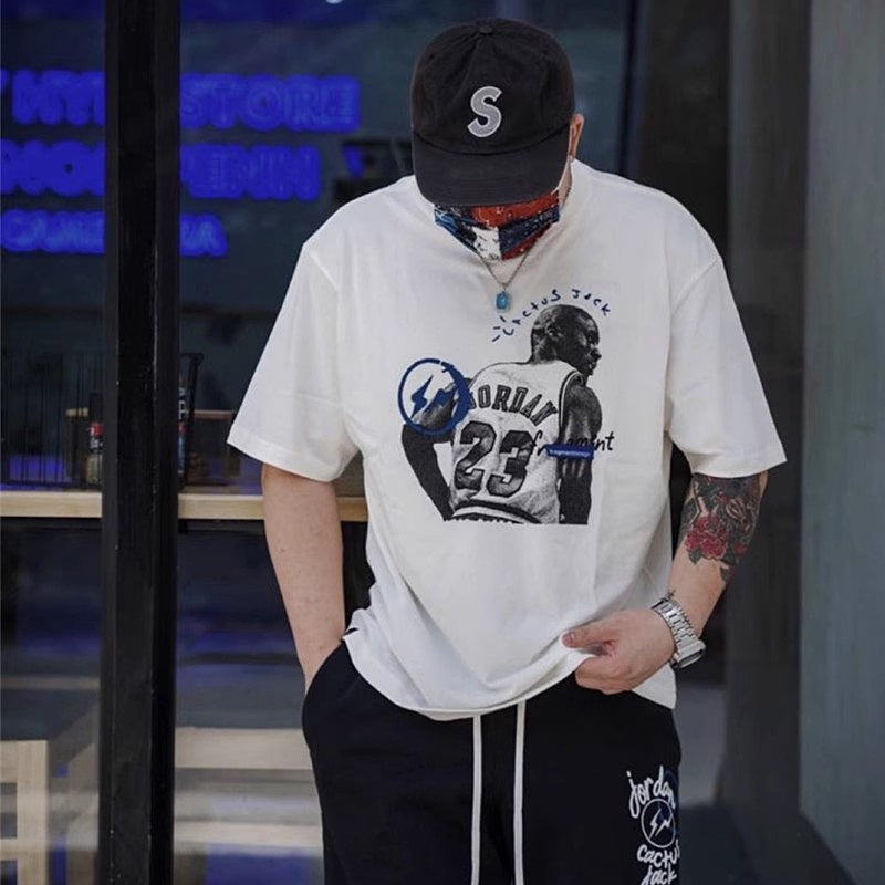 Mens T-shirt Vintage Cactus Jack x Air Jordan x Hiroshi Fujiwara "Little Fragment" Collaboration