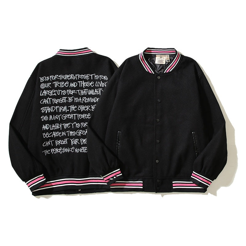 American-style baseball jacket American-style trendy high-street streetwear featuring back-panel graffiti, slogan, and lettering with intricate, high-density embroidery—embodying the "vibe" aesthetic.