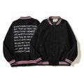 American-style baseball jacket American-style trendy high-street streetwear featuring back-panel graffiti, slogan, and lettering with intricate, high-density embroidery—embodying the "vibe" aesthetic.