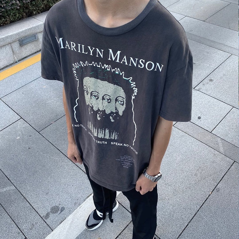 Mens T-shirt Vintage American-style Fear of God FOG Psychedelic Portrait High-Quality Loose-Fit Drop-Shoulder Tee