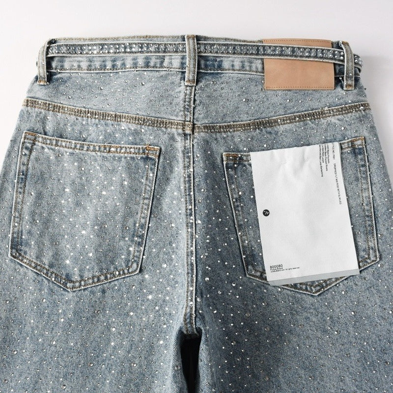 Purple brand Jeans High-quality pure cotton streetwear trousers Rhinestone-embellished loose straight-leg trousers Comes with a belt