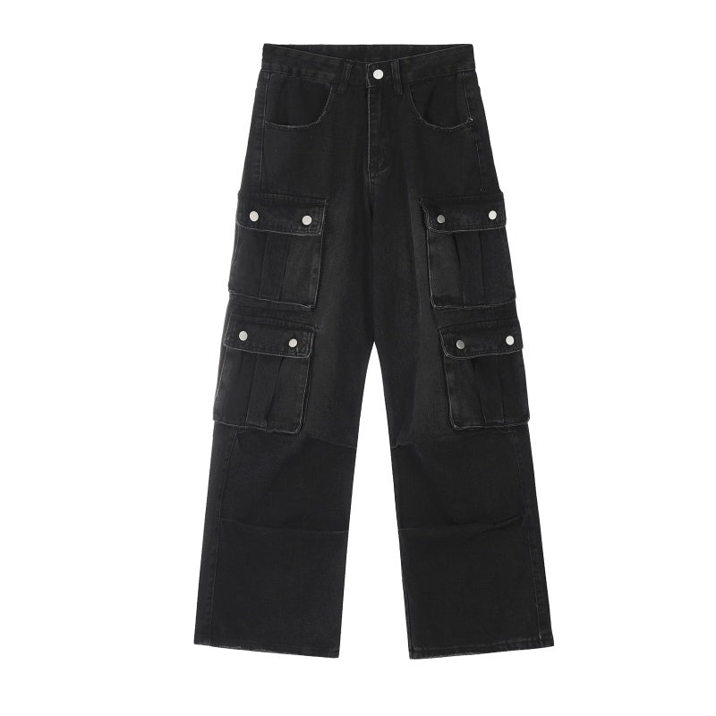 American-style streetwear harem pants Raw Edge Multi Layer Pocket Cargo Denim Pants