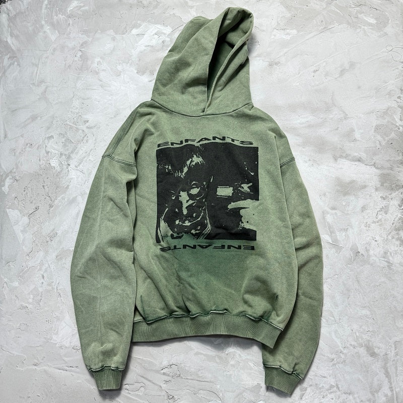 Unisex Vintage Hoodie "Depressed Boy" Limited Edition Hoodie – Custom heavyweight fabric featuring a natural, faded look achieved through Asut-style enzyme and stone washing, with pockets removed after the wash process.