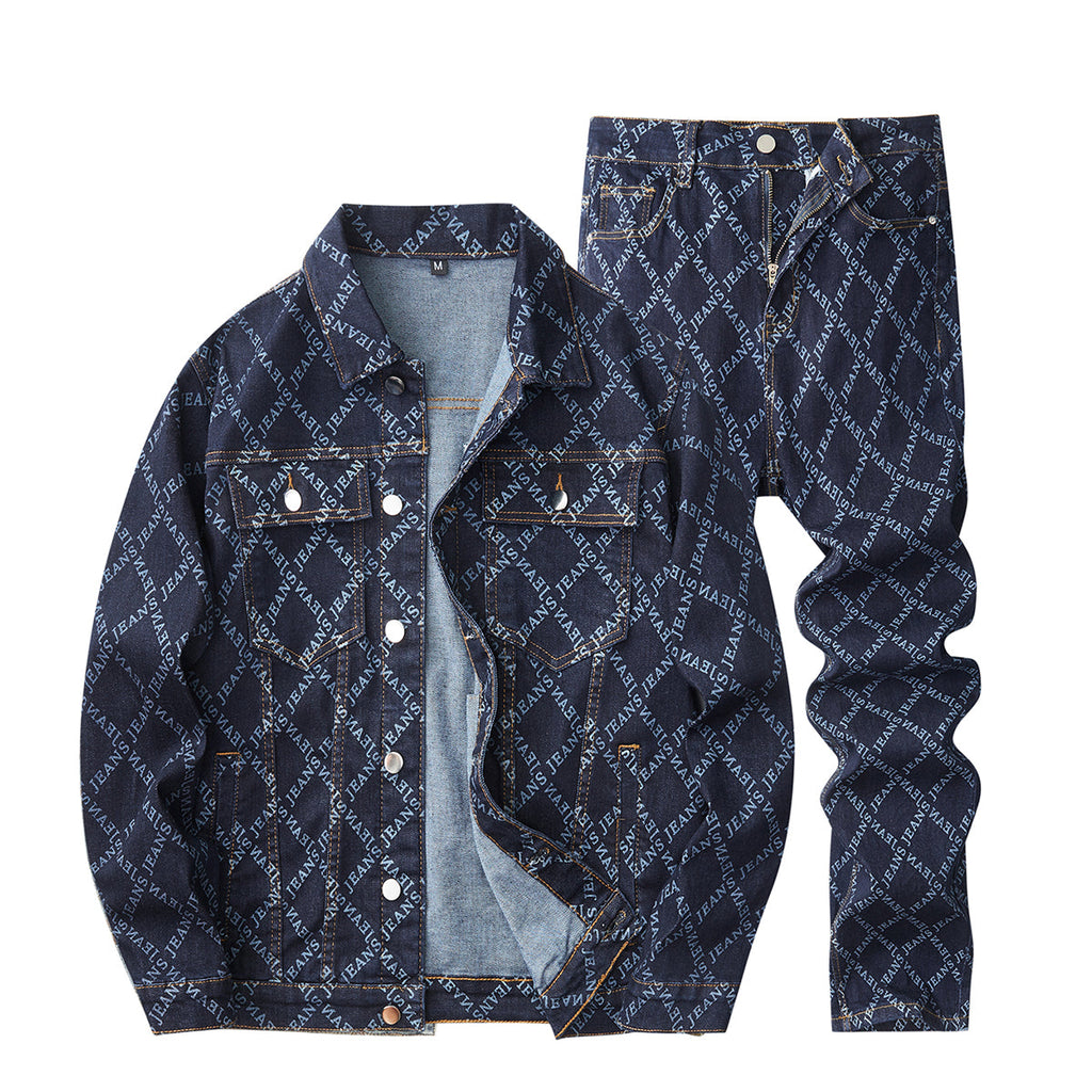 Denim Jacket & Jeans High-Street Trend Retro Casual Matching Monogram Typography Trucker Jacket and Slim-Fit Pants Outfit (jacket and jeans must be purchased separately.)