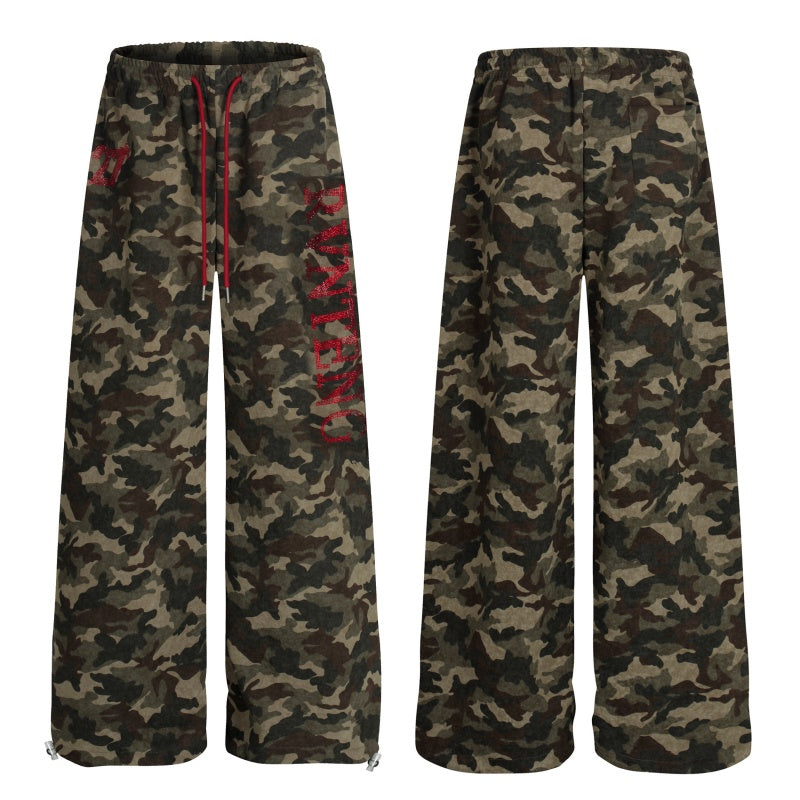 American-style streetwear harem pants Vintage Camo Red Graphic Draped Wide Leg
