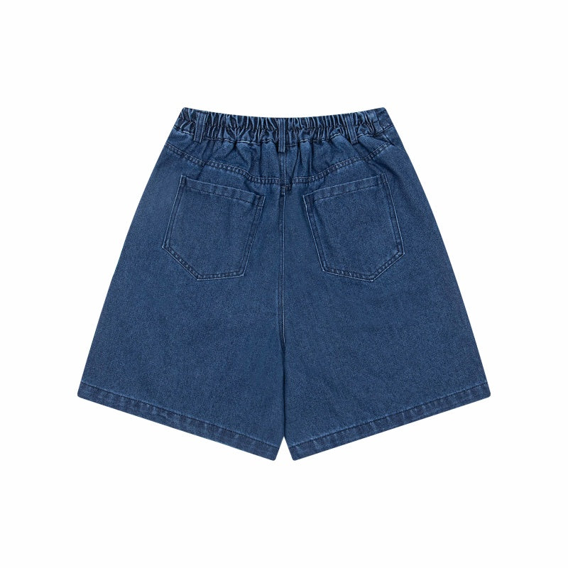 Street-style vintage denim shorts Women Japanese-style retro high-waisted loose denim shorts with playful embroidery