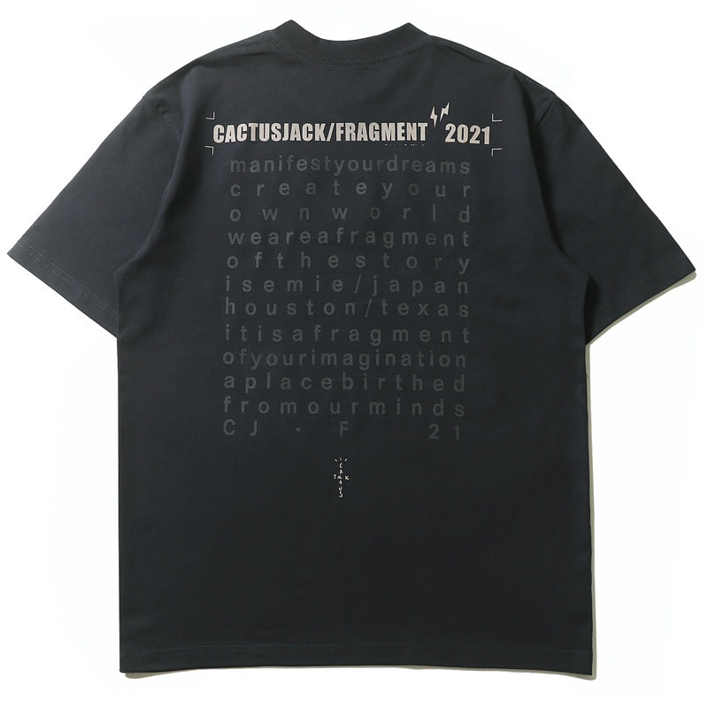 Mens T-shirt Vintage Kanye x Cactus Jack collaboration featuring Hiroshi Fujiwara's "Fragment" lightning bolt graphic.
