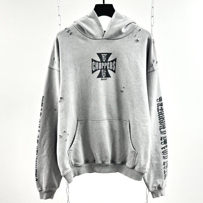 Unisex Vintage Hoodie Saint "West Coast Chopper" Limited Edition Washed & Distressed Hoodie – Featuring multi-zone handcrafted distressing and a heavyweight fabric with an enzyme-milled, faded wash finish.