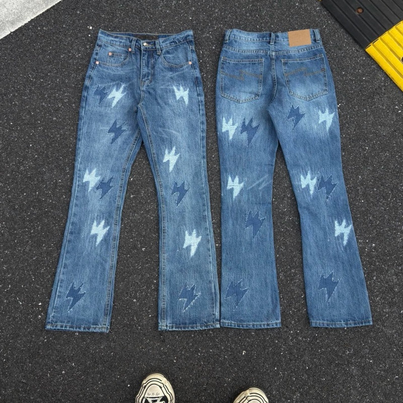 Lightning Pattern Jeans High-quality high-street pure cotton trousers