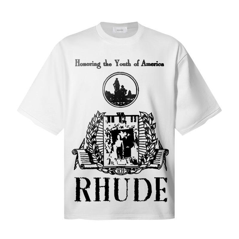 RHUDE T Shirts Old‑Script Typography Heritage Crest Print