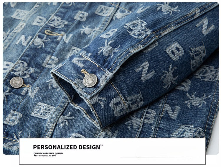 Denim Jacket & Jeans High-Street Trend Retro Casual Matching Monogram Graphic Trucker Jacket and Slim-Fit Pants Outfit (jacket and jeans must be purchased separately.)