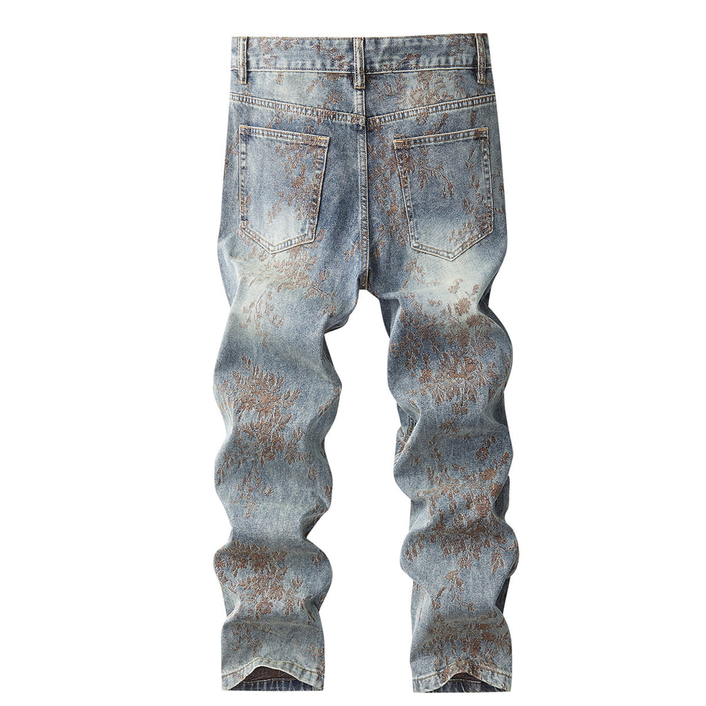 Denim Jacket & Jeans High-Street Trend Retro Casual Matching Botanical Graphic Trucker Jacket and Slim-Fit Pants Outfit(jacket and jeans must be purchased separately.)