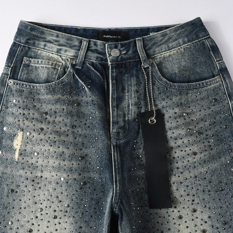 Purple brand Jeans High-quality pure cotton streetwear trousers Rhinestone-embellished loose-fit straight-leg ripped trousers