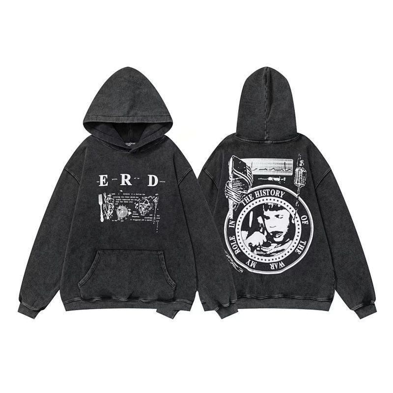 ERD Hoodie Acid Washed Black Pullover Front Letter Graphic Back Circular Portrait Print