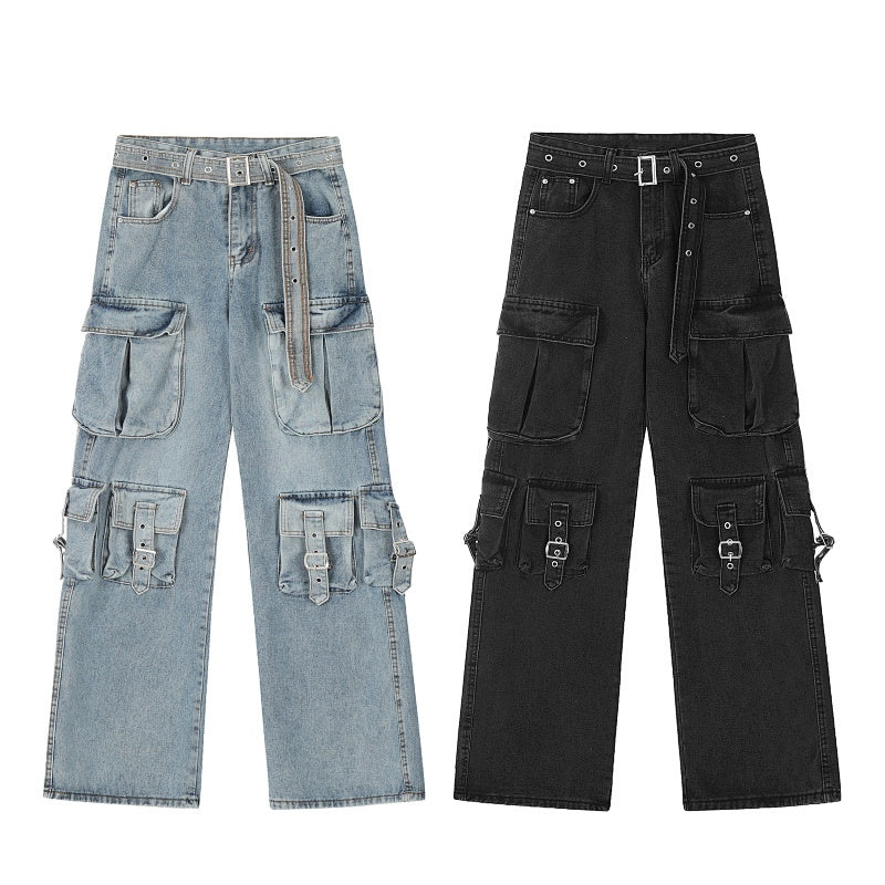 American-style streetwear harem pants Multiple Flap Pockets Streetwear Wide Denim