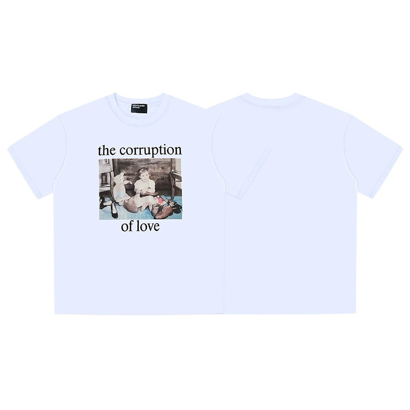ERD T Shirts Distressed Old Photograph & Sentence Graphic Loose Top