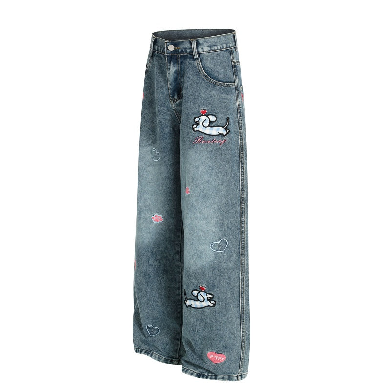American-style streetwear harem pants Heart Sausage Dog Embroidered Wide Denim