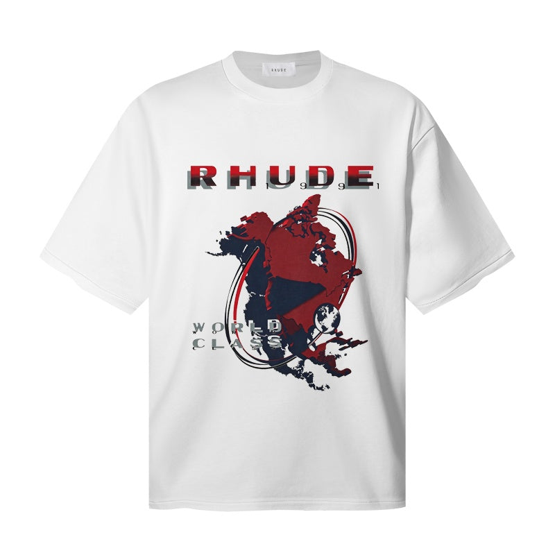 RHUDE T Shirts Grunge World Outline Motif
