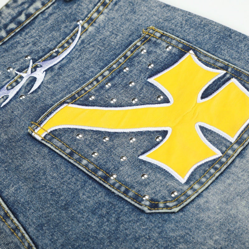 American-style streetwear harem pants Yellow Cross Print Washed Barrel Denim