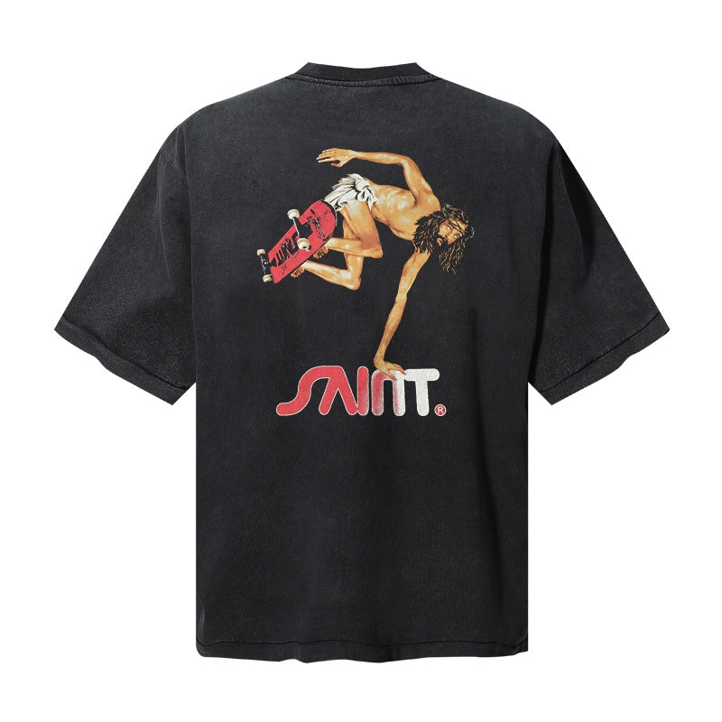 Saint Michael T Shirts Worn Out Black Saint Logo Diving Man Small Chest Print Loose Casual