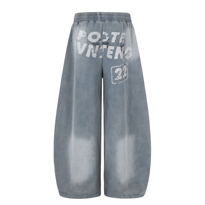 American-style streetwear harem pants Distressed Spray Dye Number Graphic Wide Trousers