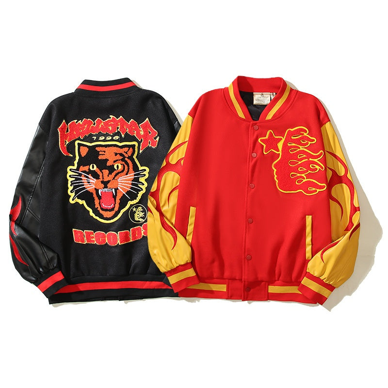 American-style baseball jacket High-street style "HELL" tiger-motif varsity jacket featuring color-blocking, contrast paneling, and embroidery—an Instagram-trending design.