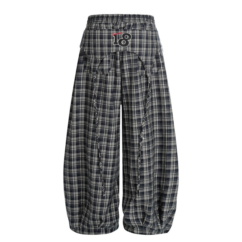 American-style streetwear harem pants Pleated Plaid Letter Number Wide Trousers