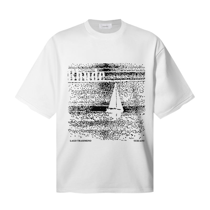 RHUDE T Shirts Monochrome Grunge Ocean‑Vessel Artwork