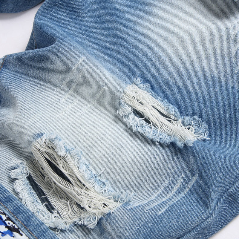 Denim shorts High-quality trendy Distressed with holes casual pure cotton Non-stretch plus-size men's clothing