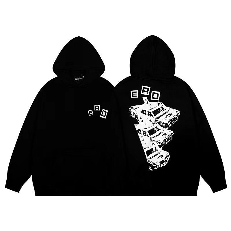 ERD Hoodie Black Casual Hoodie Stacked Car Graphic Front Letter Patten Print