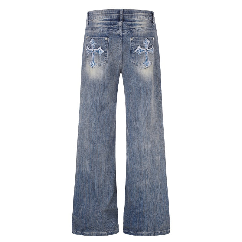 American-style streetwear harem pants Back Pocket Embroidered Motif Retro Flare