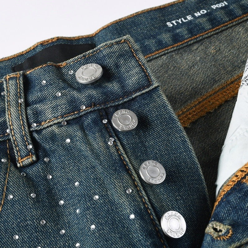 Purple brand Jeans High-quality pure cotton streetwear trousers Rhinestone-embellished loose straight-leg trousers