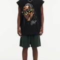 BIG FACE Drop-Shoulder Tank Top High-street vintage style featuring a small neckline, white-ink digital direct-to-garment (DTG) printing, and a heavy-duty, distressed wash finish; crafted from 260g double-yarn plain-knit fabric.