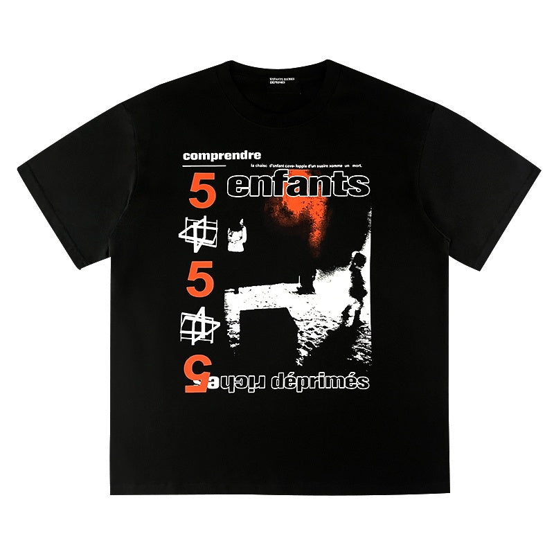 ERD T Shirts Number Text & Back Cross Print Relaxed Streetwear Top