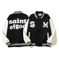 American-style baseball jacket High-street "Saint of God" American-style color-block varsity jacket for men; loose-fit unisex design featuring leather sleeves and a wool-blend body.