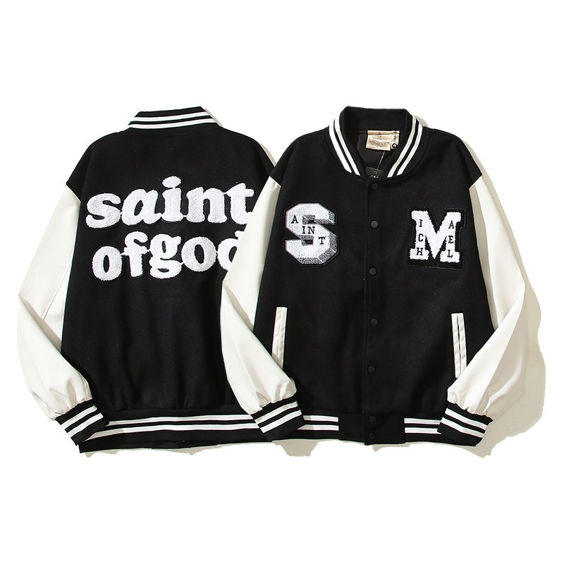 American-style baseball jacket High-street "Saint of God" American-style color-block varsity jacket for men; loose-fit unisex design featuring leather sleeves and a wool-blend body.