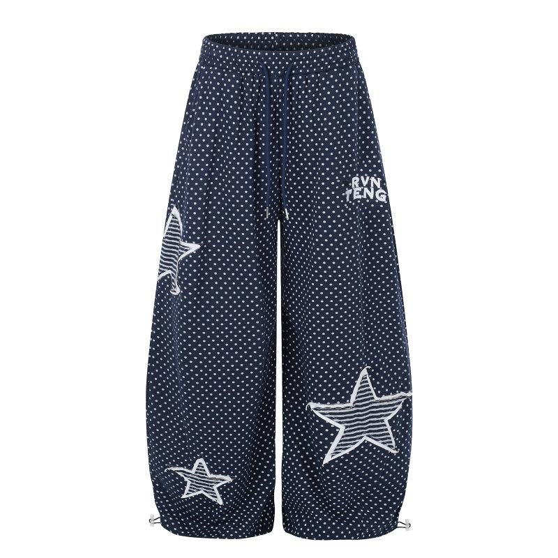 American-style streetwear harem pants Ruched Knee Polka Dot Star Embroidered Baggy Bottoms