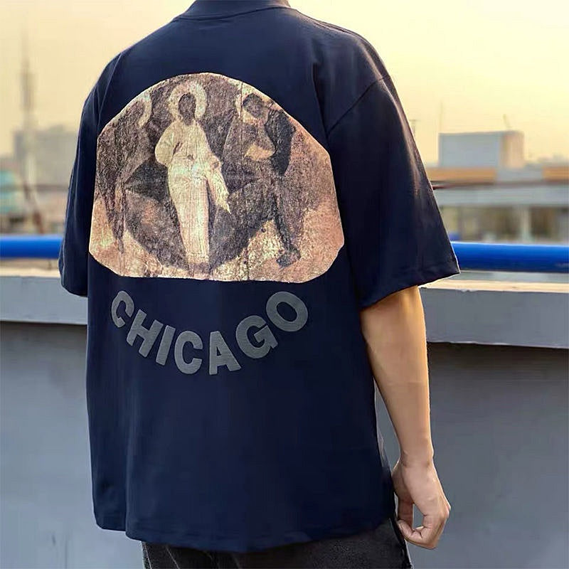 Mens T-shirt Vintage American-style Kanye-style oversized high-neck hip-hop tee featuring "Three Gods" puff print.