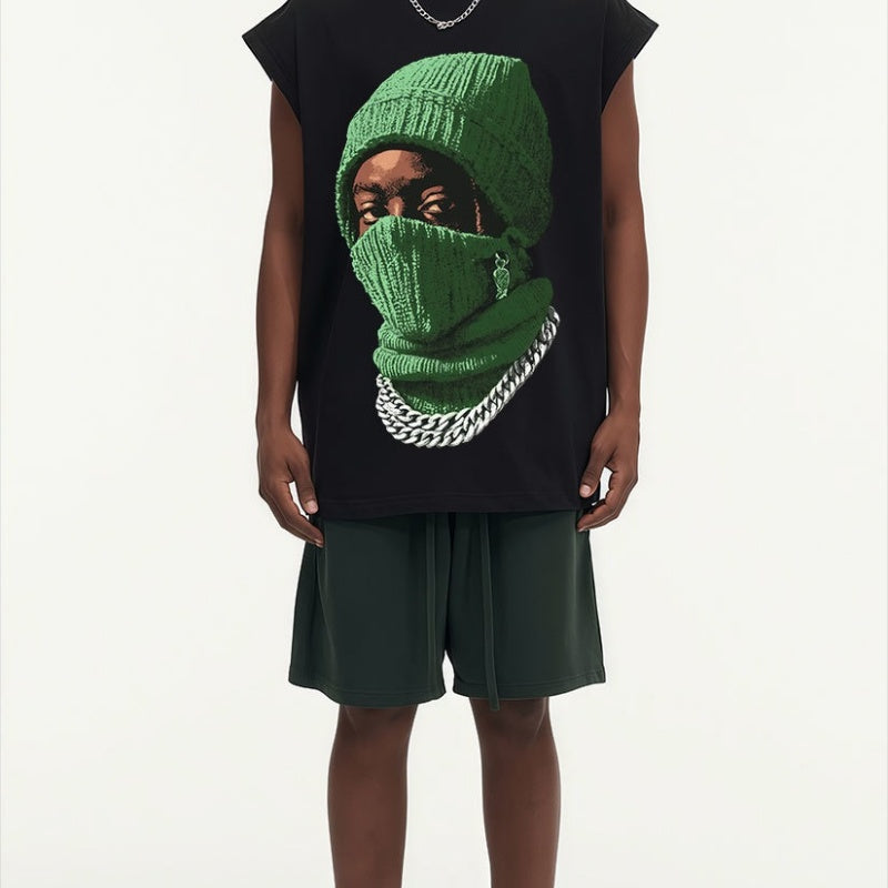 BIG FACE Drop-Shoulder Tank Top High-street vintage style featuring a small neckline, white-ink digital direct-to-garment (DTG) printing, and a heavy-duty, distressed wash finish; crafted from 260g double-yarn plain-knit fabric.