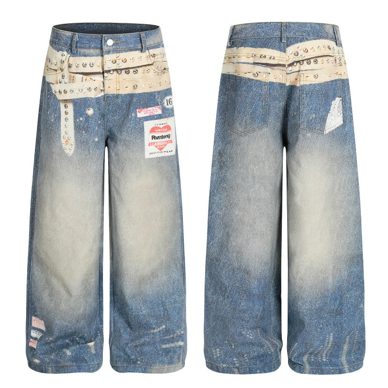 American-style streetwear harem pants Studded Belt Patch Gradient Wide Denim